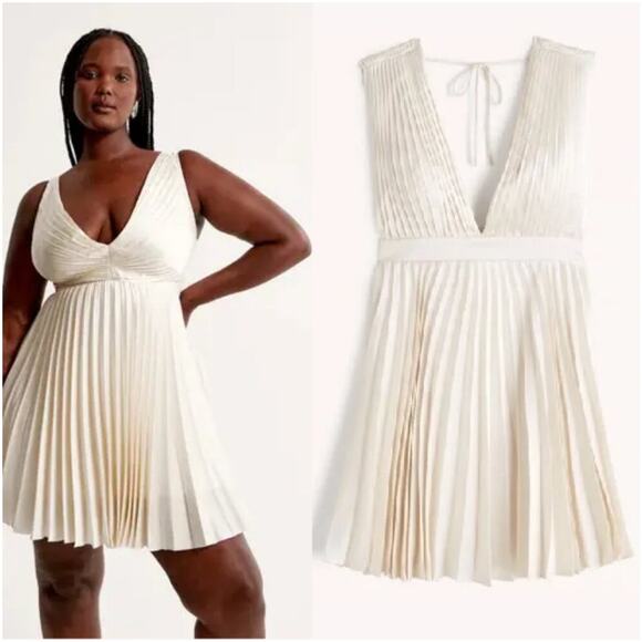 Abercrombie Dress Womens Large Tall Ivory Plunge Mini Pleated Party Wedding New - Picture 1 of 12